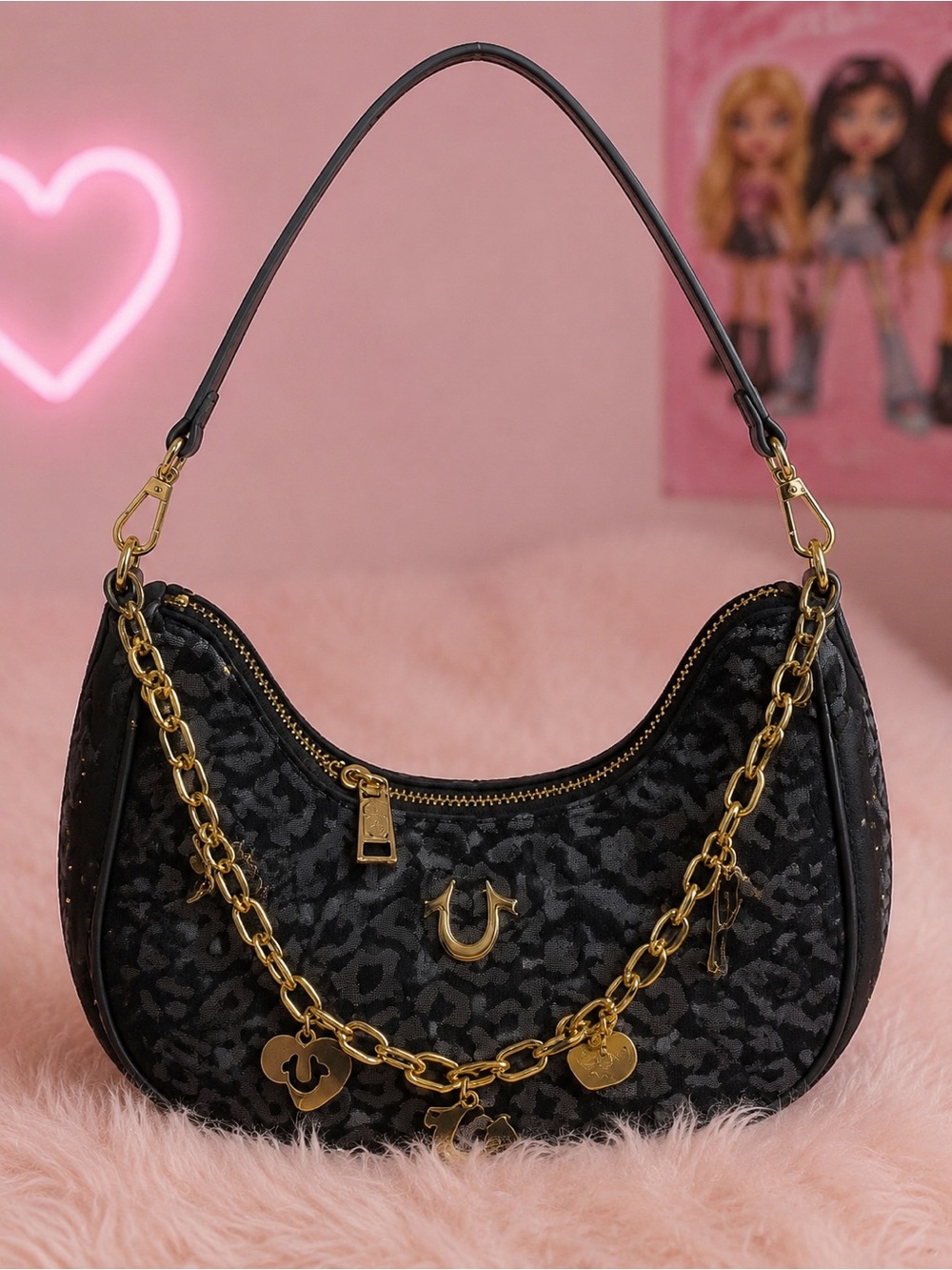True Religion Black Shoulder Bag with Gold Chain Accents
